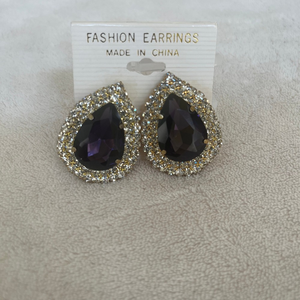 Purple Teardrop Rhinestone Statement Stud Earrings Gold Tone Halo